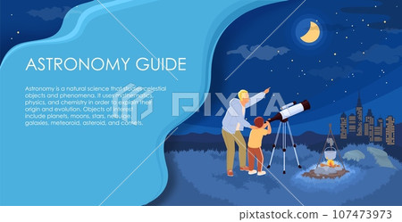 Astronomy guide advertising poster with dad and son observing night sky 107473973