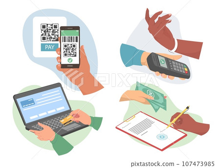 Set of different payment options with human hands Set of different payment options with human hands 107473985