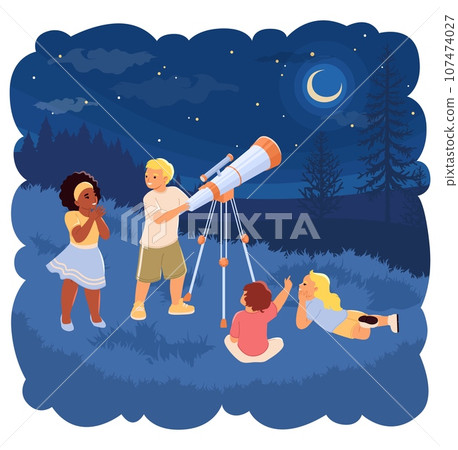 Little children looking through telescope into starry sky Little children looking through telescope into starry sky 107474027