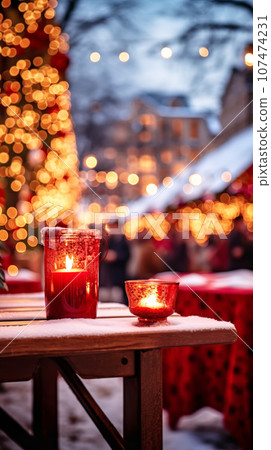 Christmas street fair with bright lights and festive atmosphere, vertical format. Burning candles 107474231