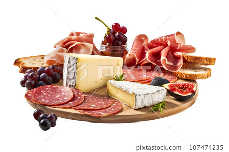 Italian appetizer Charcuterie Board served on wooden board platter, cut out on white background 107474235