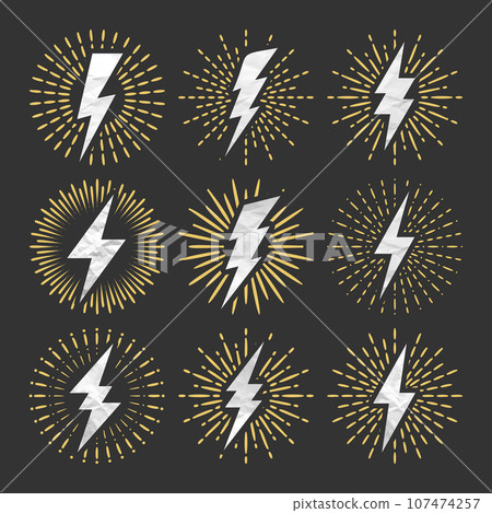 Vintage lightning bolt and sunrays. Lightnings with crumpled paper texture and sunburst effect. Thunderbolt, electric shock sign. Vector illustration Vintage lightning bolt and sunrays. Lightnings with crumpled paper texture and sunburst effect. Thunderbolt, electric shock sign. Vector illustration 107474257