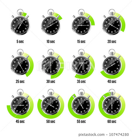 Realistic classic stopwatch. Shiny metal chronometer, black time counter with dial. Green countdown timer showing minutes, seconds. Time measurement for sport, start and finish. Vector illustration 107474280