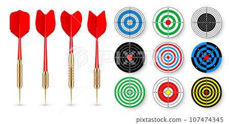 Paper targets with dart arrows and shadows. Shooting range round target, divisions, marks and numbers. Gun shooting practise and training, sport competition. Bullseye and aim. Vector illustration 107474345