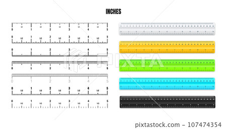Realistic plastic rulers with black inch scale for measuring length or height. Various measurement scales with divisions. Ruler, tape measure marks, size indicators. Vector illustration 107474354