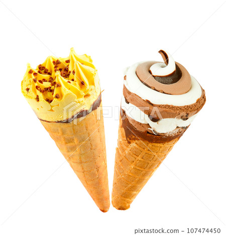 Chocolate and vanilla ice cream in waffle cones isolated on white. Collage. Chocolate and vanilla ice cream in waffle cones isolated on white. Collage. 107474450
