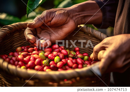 Farmer Hands Tenderly Collecting Red Coffee Beans on a Bountiful Plantation. created with Generative AI Farmer Hands Tenderly Collecting Red Coffee Beans on a Bountiful Plantation. created with Generative AI 107474713