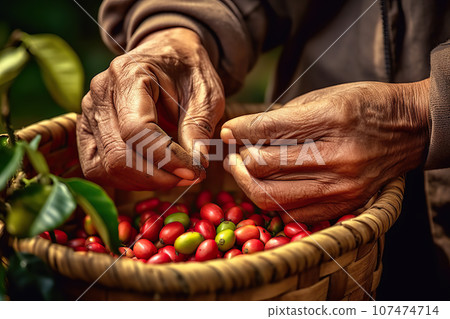 Farmer Hands Tenderly Collecting Red Coffee Beans on a Bountiful Plantation. created with Generative AI 107474714