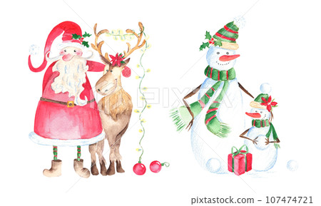 Set of two Christmas illustrations with cute snowman family and Santa Claus with a reindeer. Hand drawn watercolor illustrations isolated on white background. Good for Christmas cards and New Year's 107474721