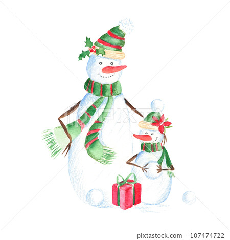 Christmas illustration with cute snowman family, present and snowballs. Hand drawn watercolor illustration isolated on white background. Perfect for greeting Christmas and New Year cards, kids design 107474722