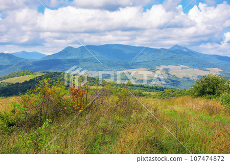 landscape with grassy meadows. distant mountain ridge beneath a sky with clouds. beautiful scenery of carpathian countryside on a sunny day in early autumn 107474872