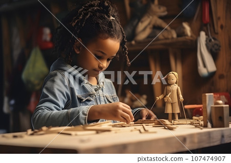 African-American girl makes a wooden doll sitting at a table in a workshop African-American girl makes a wooden doll sitting at a table in a workshop 107474907