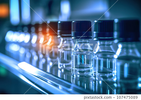 Pharmaceutical Vials on Production Line in State-of-the-Art Pharmaceutical Factory. created with Generative AI 107475089