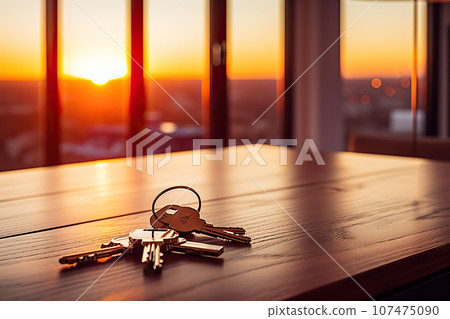 New Apartment Keys Rest on Table Amid Sunset Glow and Expansive Windows. created with Generative AI 107475090