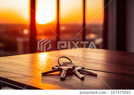 New Apartment Keys Rest on Table Amid Sunset Glow and Expansive Windows. created with Generative AI 107475091
