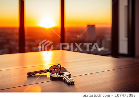 New Apartment Keys Rest on Table Amid Sunset Glow and Expansive Windows. created with Generative AI 107475092