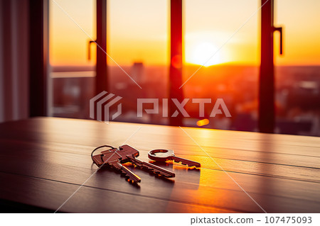 New Apartment Keys Rest on Table Amid Sunset Glow and Expansive Windows. created with Generative AI 107475093