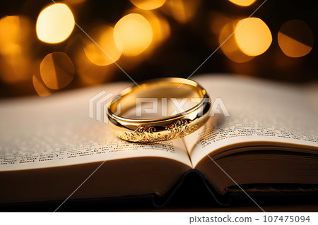Intertwined Wedding Rings Rest upon a Bible with a Golden Bokeh Background. created with Generative AI 107475094