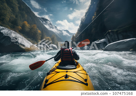 Thrilling Adventure Whitewater Kayaking Through Mountain Rapids, Conquering the Rush of the Wild River. created with Generative AI 107475168