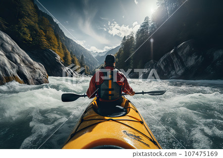 Thrilling Adventure Whitewater Kayaking Through Mountain Rapids, Conquering the Rush of the Wild River. created with Generative AI 107475169
