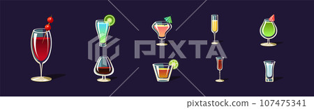 Cocktail and Beverage Poured in Glass as Alcohol Drink Vector Set 107475341