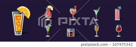 Cocktail and Beverage Poured in Glass as Alcohol Drink Vector Set 107475342