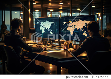 Masterminds Unveiling Security Professionals Strategizing Cybersecurity on Digital Screens for Digital Defense. created with Generative AI 107475343