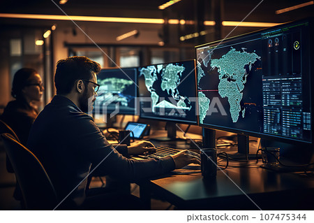 Masterminds Unveiling Security Professionals Strategizing Cybersecurity on Digital Screens for Digital Defense. created with Generative AI 107475344