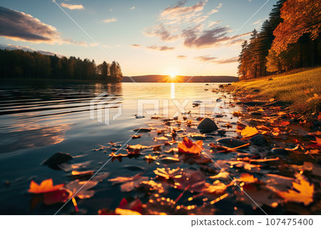 Autumn's Embrace Serene Lake Basks in the Golden Glow of Sunset Amidst the Vibrant Hues of Fal. created with Generative AI Autumn's Embrace Serene Lake Basks in the Golden Glow of Sunset Amidst the Vibrant Hues of Fal. created with Generative AI 107475400