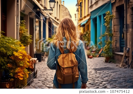 Exploring France's Charm Adventurous Blond Woman with Backpack Embraces Tourist Concept during Vacation. created with Generative AI 107475412