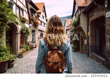 Exploring France's Charm Adventurous Blond Woman with Backpack Embraces Tourist Concept during Vacation. created with Generative AI 107475418