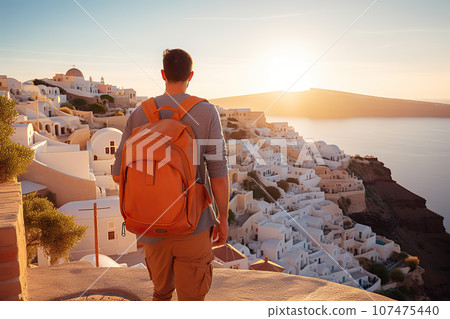Santorini's Beauty Adventurous Tourist Man with Backpack Basks in Front of the Iconic Oia Sunset. created with Generative AI Santorini's Beauty Adventurous Tourist Man with Backpack Basks in Front of the Iconic Oia Sunset. created with Generative AI 107475440