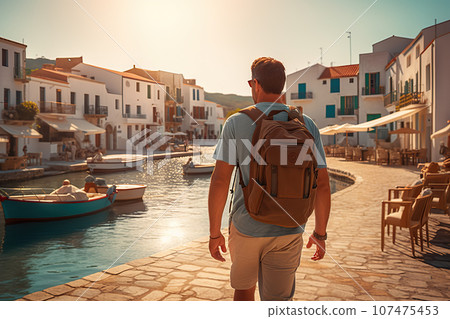Tourist Man with Backpack Explores Mykonos on a Relaxing Vacation Getaway. created with Generative AI 107475453