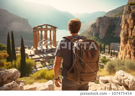 Tourist Man with Backpack Explores Ancient Greek Ruins, Including the Magnificent Temple of Apollo in Delphi. created with Generative AI 107475454