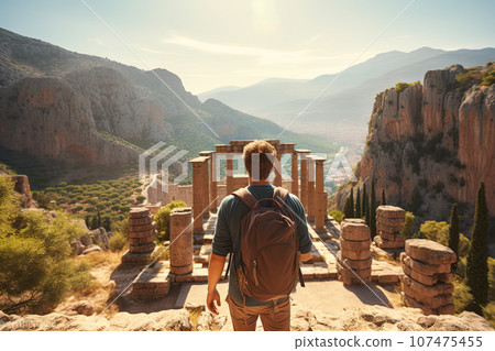 Tourist Man with Backpack Explores Ancient Greek Ruins, Including the Magnificent Temple of Apollo in Delphi. created with Generative AI 107475455