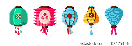 Colorful Chinese Paper Street Lanterns Hanging with Tassel Vector Set 107475456