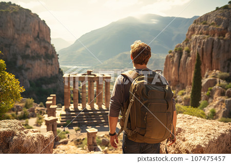 Tourist Man with Backpack Explores Ancient Greek Ruins, Including the Magnificent Temple of Apollo in Delphi. created with Generative AI 107475457