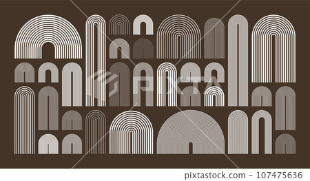 Mid century arch elements, modern geometric shapes. Contemporary design, minimalist art. Trendy design elements for wall decor, posters, books, covers and flyers. Vector illustration Mid century arch elements, modern geometric shapes. Contemporary design, minimalist art. Trendy design elements for wall decor, posters, books, covers and flyers. Vector illustration 107475636