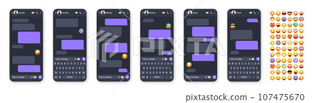 Smartphone messaging app, user interface with emoji. SMS text frame. Chat screen, violet message bubbles. Texting app for communication. Social media application. Dark mode. Vector illustration Smartphone messaging app, user interface with emoji. SMS text frame. Chat screen, violet message bubbles. Texting app for communication. Social media application. Dark mode. Vector illustration 107475670
