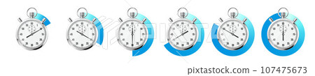 Realistic classic stopwatch. Shiny metal chronometer, time counter with dial. Blue countdown timer showing minutes and seconds. Time measurement for sport, start and finish. Vector illustration Realistic classic stopwatch. Shiny metal chronometer, time counter with dial. Blue countdown timer showing minutes and seconds. Time measurement for sport, start and finish. Vector illustration 107475673