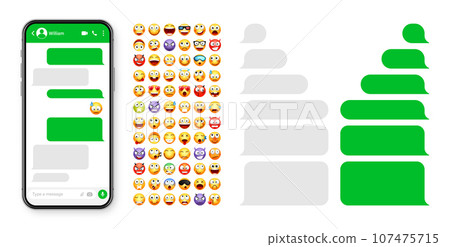 Smartphone messaging app, user interface design with emoji. SMS text frame. Chat screen with green message bubbles. Texting app for communication. Social media application. Vector illustration Smartphone messaging app, user interface design with emoji. SMS text frame. Chat screen with green message bubbles. Texting app for communication. Social media application. Vector illustration 107475715