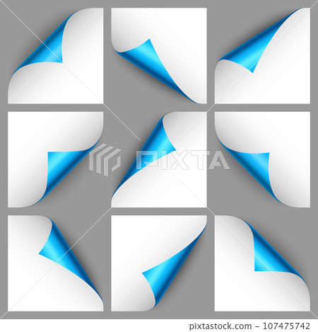 Set of blue paper curls. Curled page corner with shadow. Blank sheet of paper. Colorful shiny foil. Design element for advertising and promotion. Vector illustration. Set of blue paper curls. Curled page corner with shadow. Blank sheet of paper. Colorful shiny foil. Design element for advertising and promotion. Vector illustration. 107475742