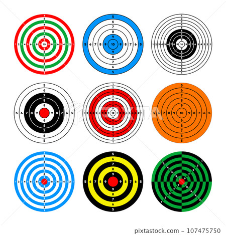 Shooting range paper targets. Round target with divisions, marks and numbers. Archery, gun shooting practise and training, sport competition and hunting. Bullseye and aim. Vector illustration Shooting range paper targets. Round target with divisions, marks and numbers. Archery, gun shooting practise and training, sport competition and hunting. Bullseye and aim. Vector illustration 107475750