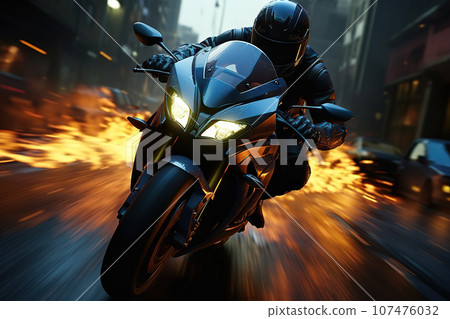 High-Octane Motorcycle Chase Hero Evades Police in Explosive Action Movie Scene. created with Generative AI 107476032