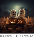 couple of cute ghosts in a field with pumpkins 107476042