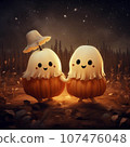 couple of cute ghosts in a field with pumpkins 107476048