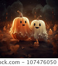 couple of cute ghosts in a field with pumpkins 107476050