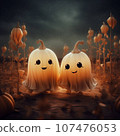 couple of cute ghosts in a field with pumpkins 107476053
