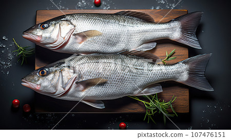 Exquisite Seabass Catch Freshness Defined on a Dramatic Black Canvas. created with Generative AI Exquisite Seabass Catch Freshness Defined on a Dramatic Black Canvas. created with Generative AI 107476151