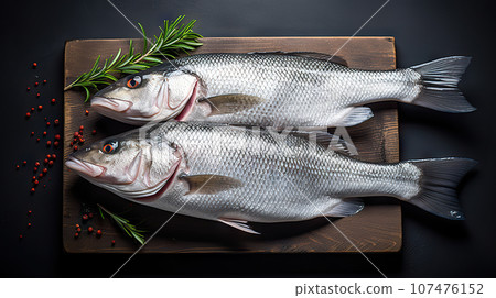 Exquisite Seabass Catch Freshness Defined on a Dramatic Black Canvas. created with Generative AI Exquisite Seabass Catch Freshness Defined on a Dramatic Black Canvas. created with Generative AI 107476152